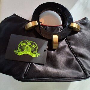 New Shanghi Tang Black Satin Purse Round Acrylic Handles Red Interior Dustbag